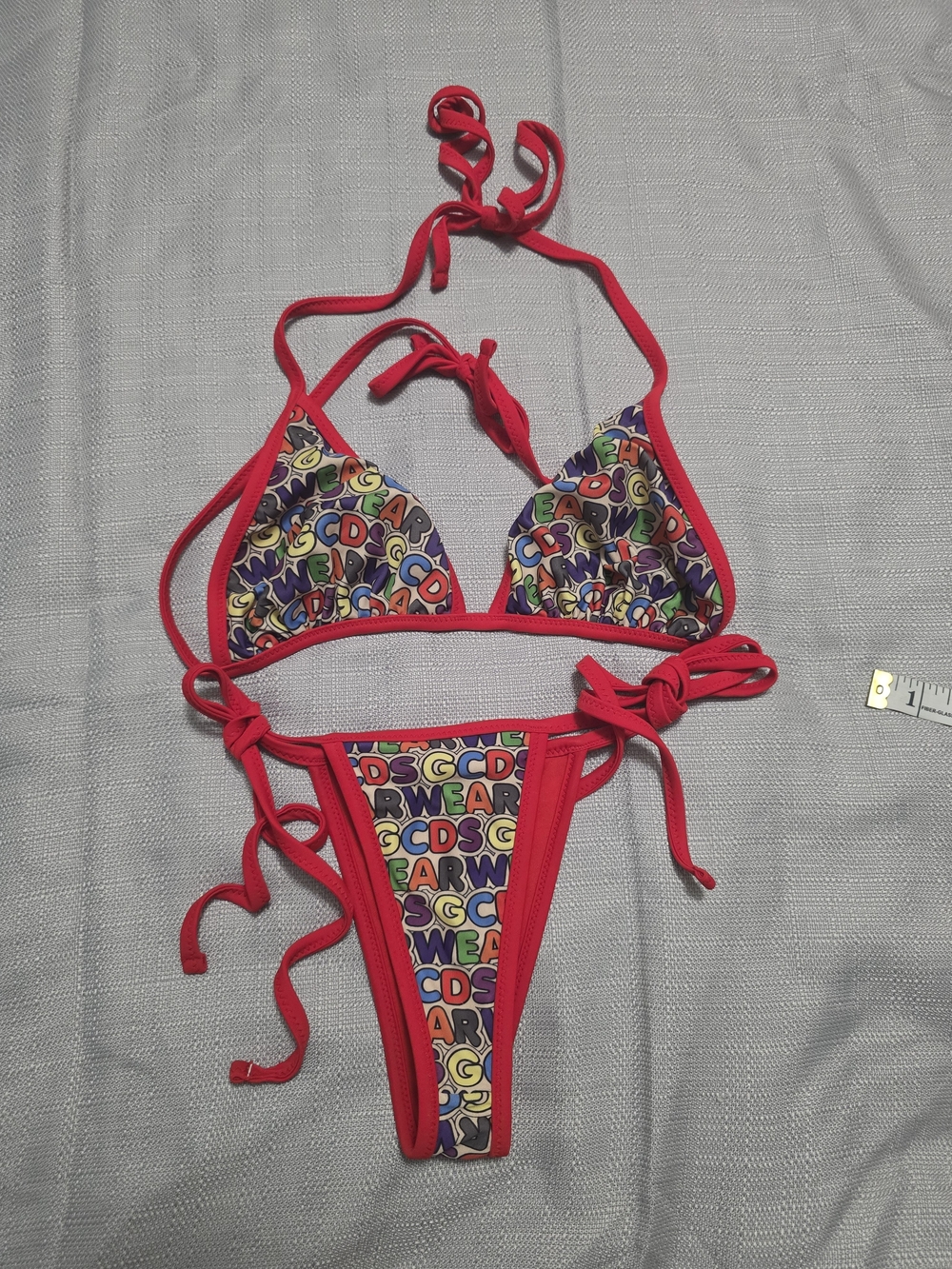 GCDS Red Trim Multicolor Letter-Print Triangle Bikini